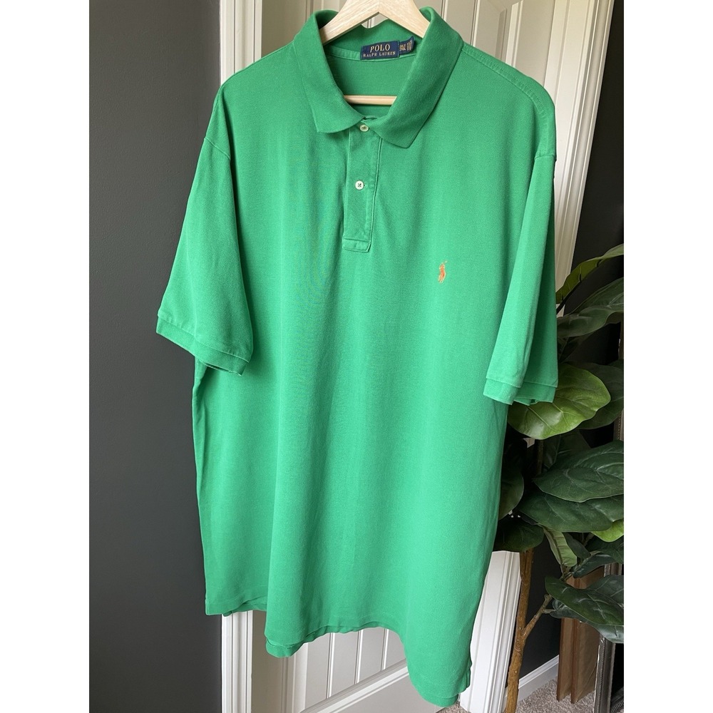 Polo Ralph Lauren Shirt Mens 2XLT Big & Tall Green Short Sleeve Orange Pony Polo